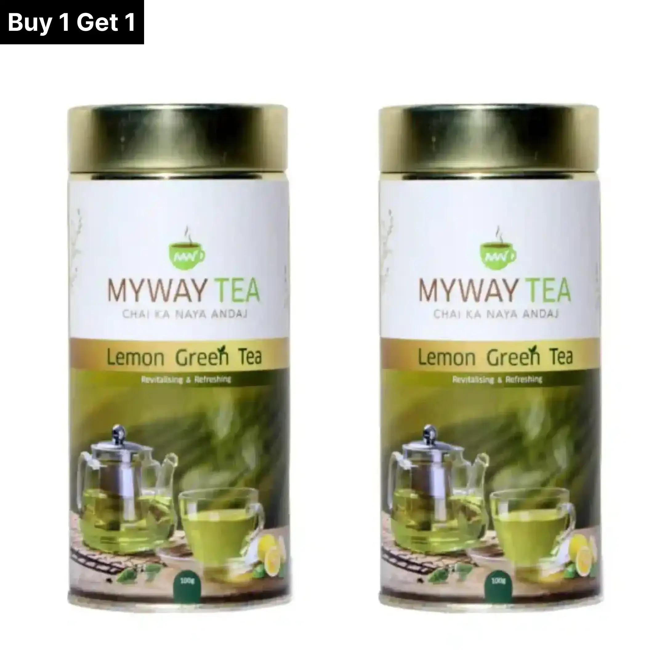 MYWAY TEA Natural Lemon Green Tea, Regular Tea, Lemon-Flavoured, Green Tea with Anti-Oxidants for De-Stressing, Better Metabolism, Immune Boost with Added Vitamin C | Comforting & Refreshing Flavour | Natural Aroma Taste | For Fast Weight Loss 100% Whole Leaves, No Dust,100gm Pack of 2