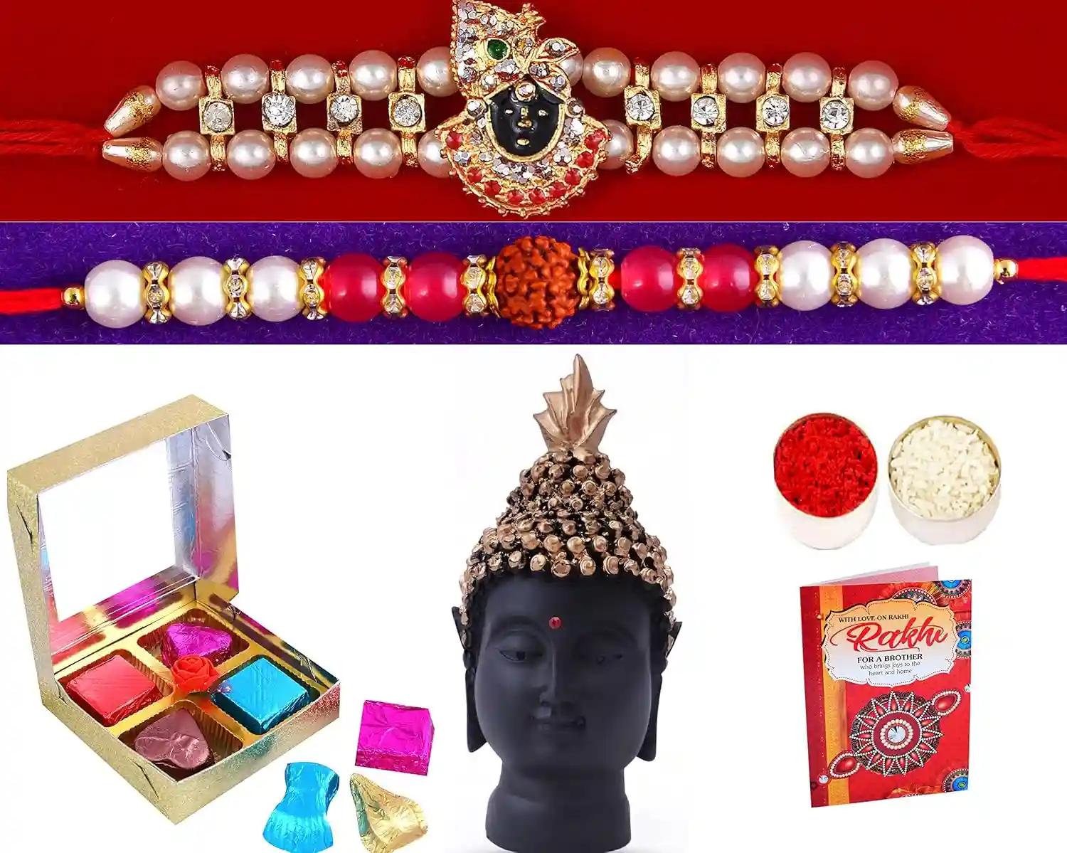 Rakhi For Brother Combo/Rakhi For Brother And Bhabhi/Pack Of 2 Rakhi/Rakhi Gift For Brother-2 Premium Kundan Rakhi+Chocolates Box+Showpiece Figurine Rakhi Greeting Card