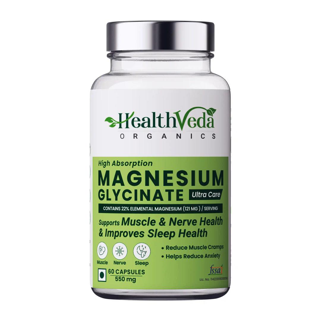 Health Veda Organics High Absorption Magnesium Glycinate, 550mg (Elemental Magnesium 121 mg) | 60 Veg Capsules | Supports Nerve & Muscle Health | Improves Sleep Quality | For Both Men & Women