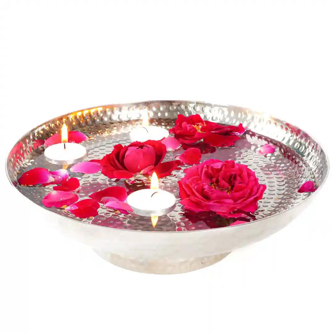 Behoma Decorative Urli Bowl for Home Decor | Aluminium Hammered Round Tray for Center Table Decoration Diwali, Festival | Silver Colour 1 PC (Dia 26.5CM) (Only Urly Included)