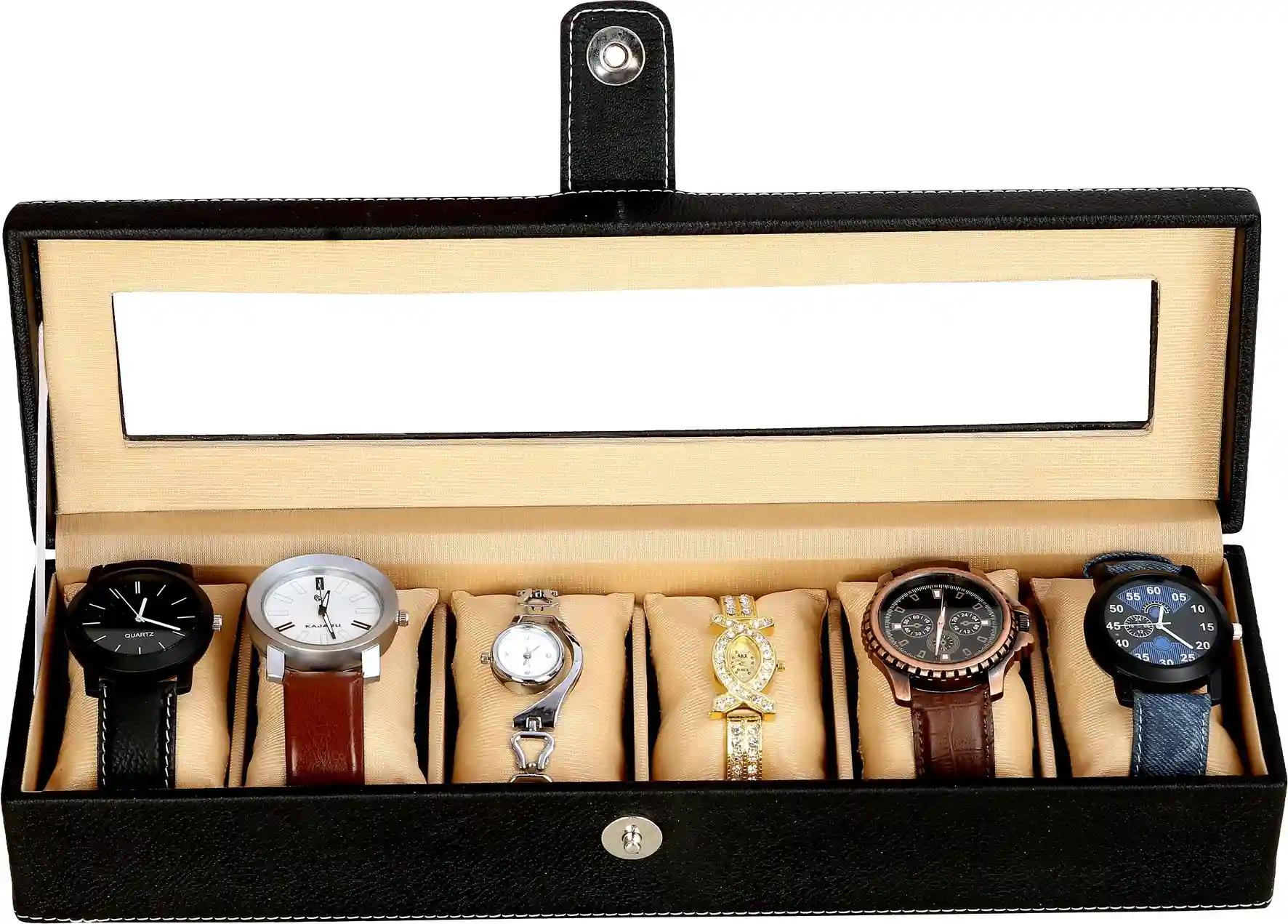 Watch Box Organizer Holder Jewelry Accessories Display Storage Case Watch Organiser Collection Box 6 Slots In PU Leather For Men Women Black Color