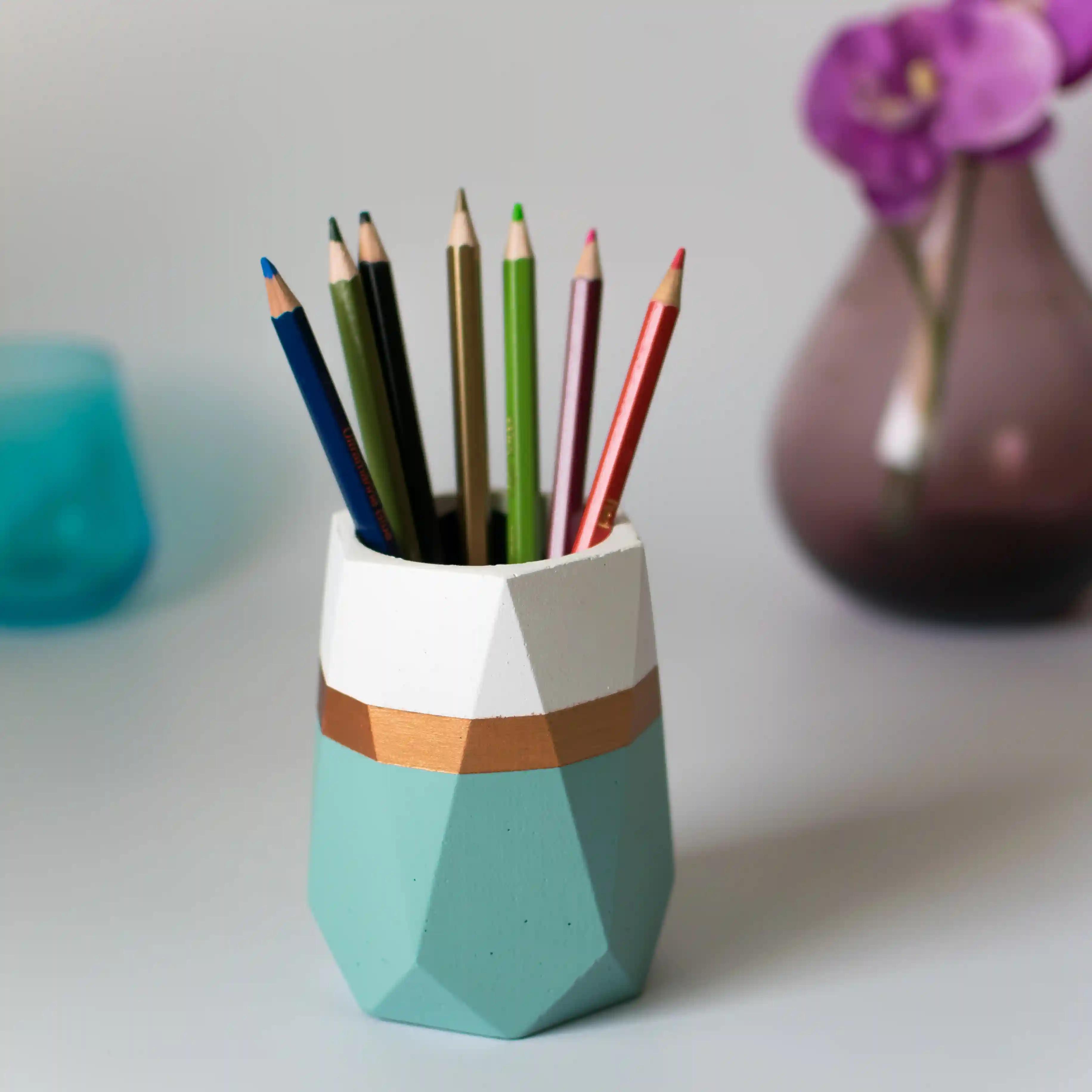 Dwell dapper Hexagonal Multi-Purpose Pen Or Pencil Holder (White & Teal)