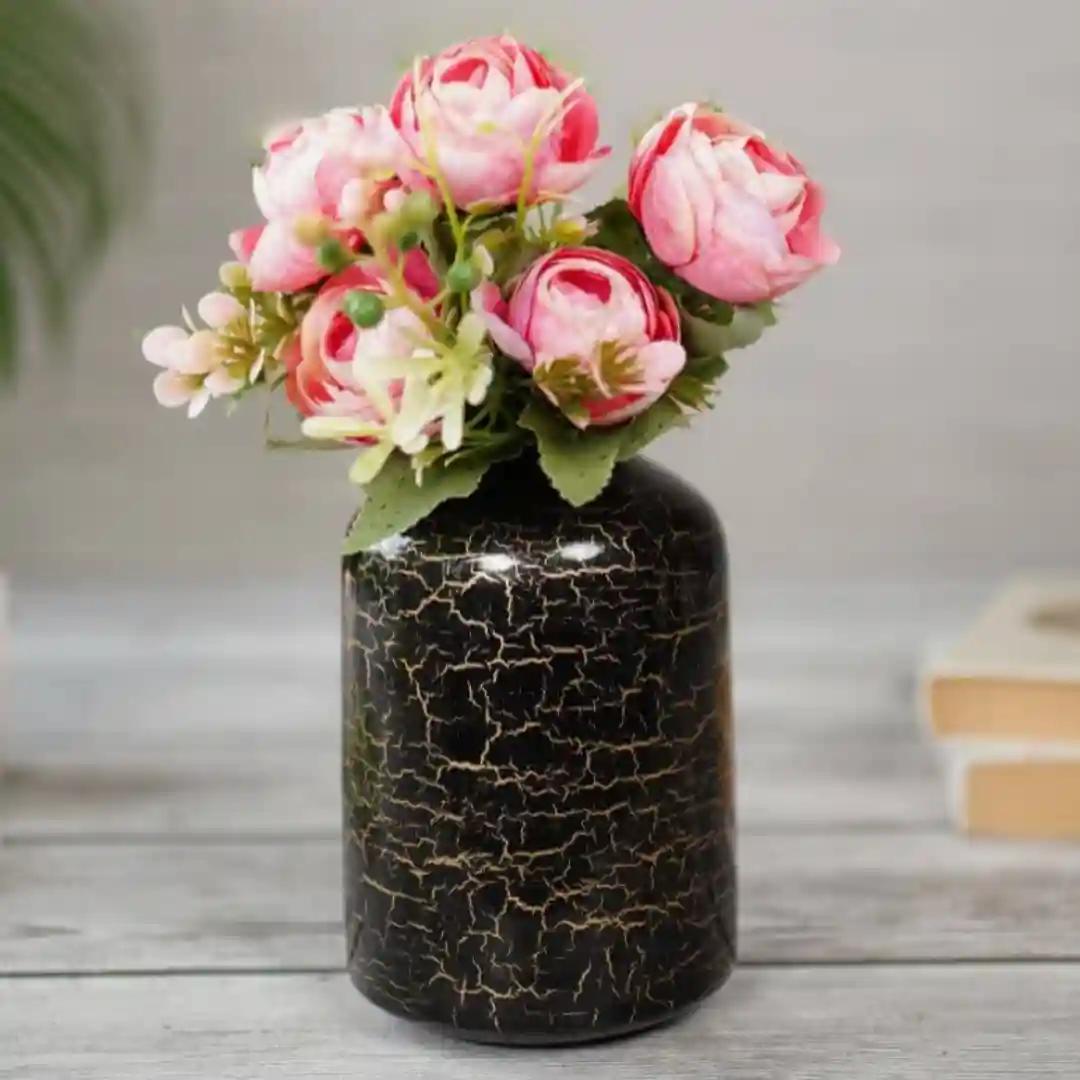 Behoma Metal Flower Vase for Home Decor Bedroom Living Room Office Wedding | Table Decorative Item for Festivals Birthday Black Crackled 1Pcs (10.5 x 15.7 CM) (Flower not Included)