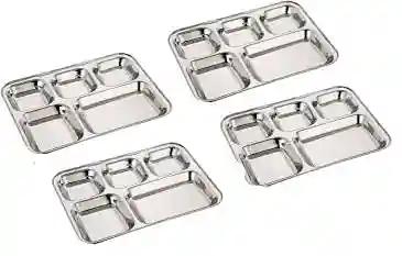 LiMETRO STEEL Stainless Steel 5 in 1 Pack of 4 Rectangular Dinner Plates/Bhojan Thali/Lunch Plates (Square Wati)