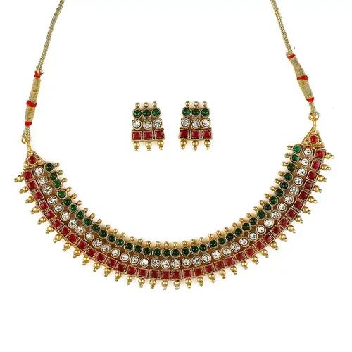 Real Kemp Square Design Choker Necklace Set for Women - Red & Green