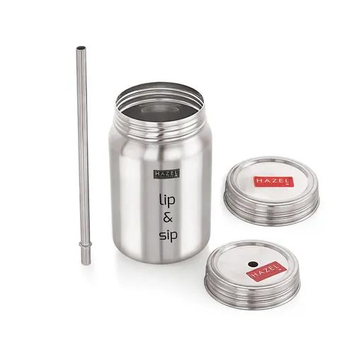 HAZEL Sipper Jar with Container | 2 in 1 Steel Jar and Container with 2 Lids and Straw | Stainless Steel Jar with Glossy Finish