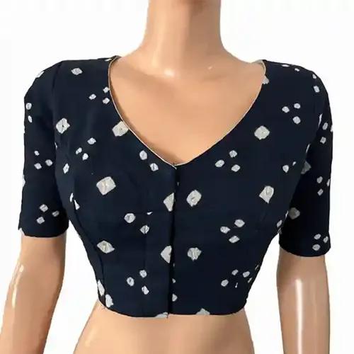 Bandhani Cotton V Neck Blouse with lining - Navy Blue