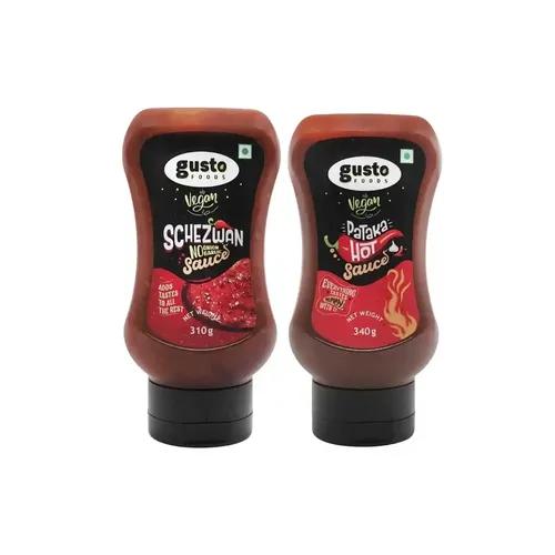 Gusto Foods Schezwan Sauce (310g) And Spicy Hot Chili Sauce (340g) Combo (1 Each) | Extra Spicy Gluten Free Chili Garlic Sauce with Chunky Schezwan Sauce