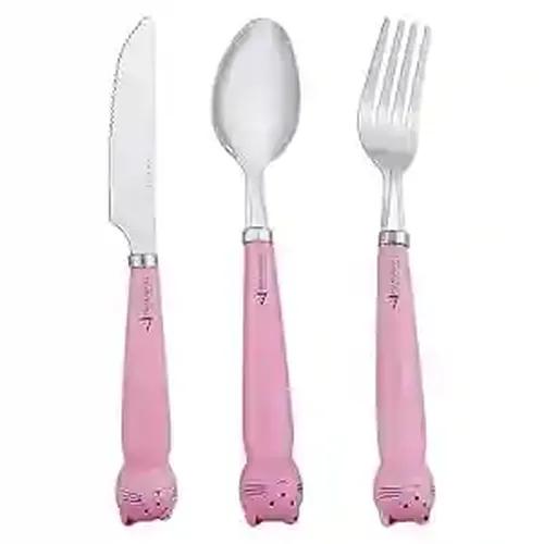 H HANUMANT ENTERPRISE Kids Silverware with Plastic Handle | Childrens Safe Flatware | Kids Utensils Stainless Steel | Spoon + Fork + Knife Set | 18+ Months | 3 Pieces | Pink