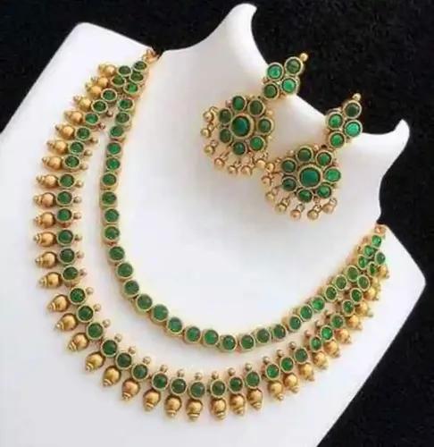 Real Kemp Stone Choker Necklace with Matching Earring for Women - Green