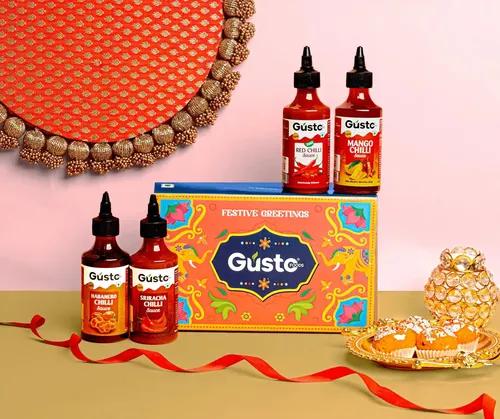 Gusto Foods Sauce Hamper - Mango Chilli, Habanero, Sriracha & Red Chilli Sauce | Pack of 4 Flavorful Sauces | Perfect for Cooking, Dipping & Marinating | Gift Combo | 1.4kg