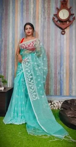 Reshom Silk Handloom Jamdani Saree - Turquoise