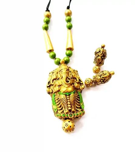 Ganesh Design Terracotta Necklace with Matching Earring - Green