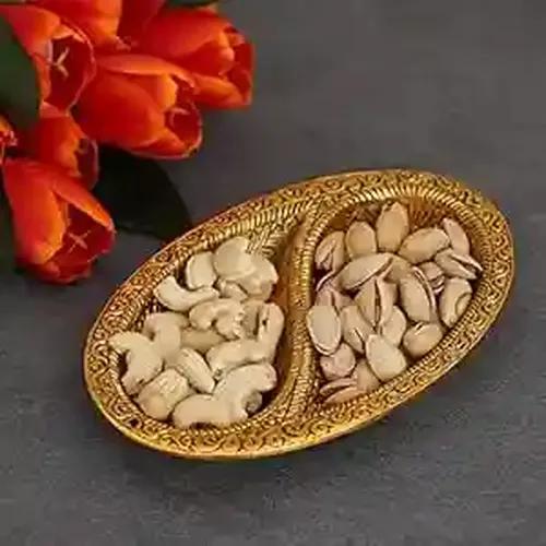 WEBELKART Premium Metal Dual Space Dry Fruit Serving Tray, Snacks, Floating Flowers for Home Decoration Table Dining Décor| Mouth Freshener Container| Diwali Decor Items