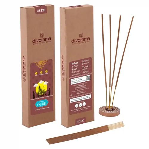 DivoRama Luxury Oudh Incense Sticks Agarbatti - 100% Indian Natural Aroma -  Long Lasting Oudh Agarbatti for Puja, Meditation, Happy Vibes