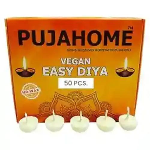 Pujahome Cotton Wicks with Ghee Wax Free Vegan Diya Batti for Daily Puja Readymade Ghee Diya Batti Easy to Use Long Lasting (50 Pieces Per Pack, Pack of 2, White)