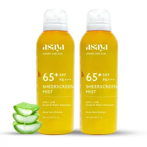 Asaya SPF 65+ Sunscreen Spray Pack of 2 | With Aloe Vera extract | UVA + UVB Cover | Men & Women | No White-Cast | Sweat & Waterproof Sunscreen Spray | All skin types | (Above SPF 50 Sunscreen) 300ml