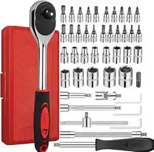 H Hanumant Enterprise Tool Kit 46 Pieces Socket Wrench Set With 1/4 Inch Drive Mechanic Tools Kit Metric And Extension Bar For Auto & Bicycle Repairing & Household With Storage Case