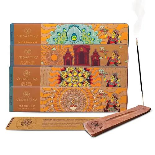 VEDASTIKA Divine Aroma Therapy Premium Fragrance Long-Lasting Charcoal Free Incense Sticks Non-Allergic Handmade Agarbatti for Pooja n Meditation with Burner Stand_Pack of 4