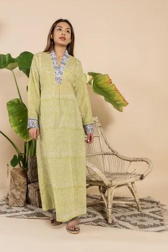 Co-ord Lemon Green Rashidi Kurta Set With Side Pocket