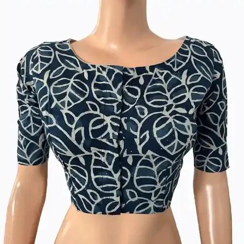 Printed Cotton Boat neck Blouse - Indigo Blue