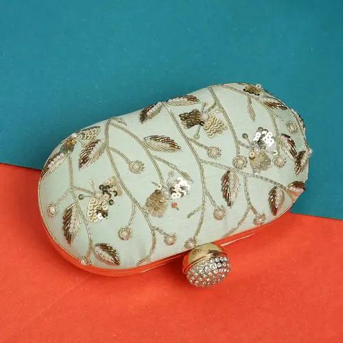 Embroidery Oval Party Clutch for Women - Olive