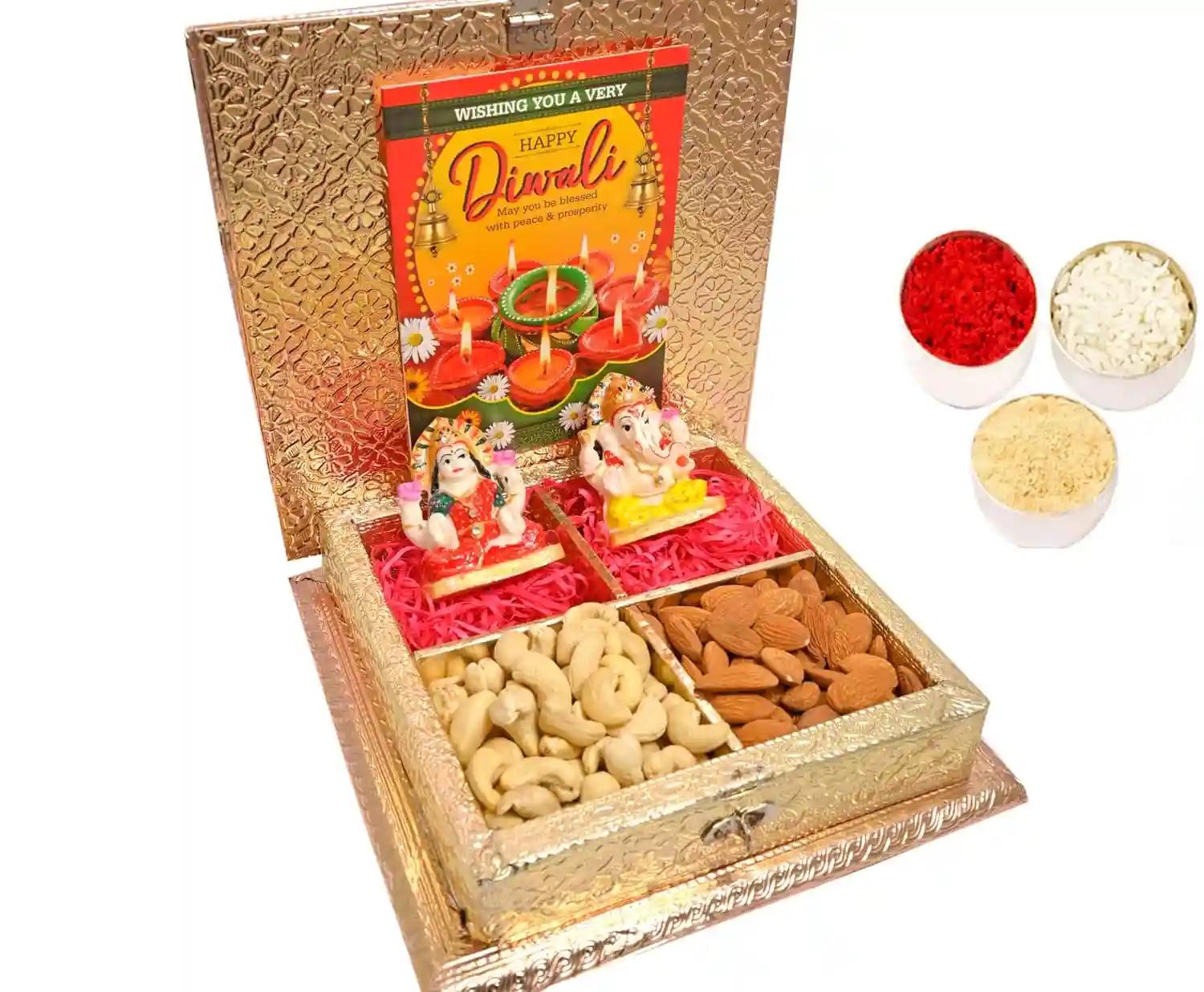 Bhai dooj gift set for brother/bhai dooj tika/bhai dooj dry fruits/bhai dooj gift hamper/bhai dooj tikka-almonds+cashew+idol set of lakshmi ganesha+roli