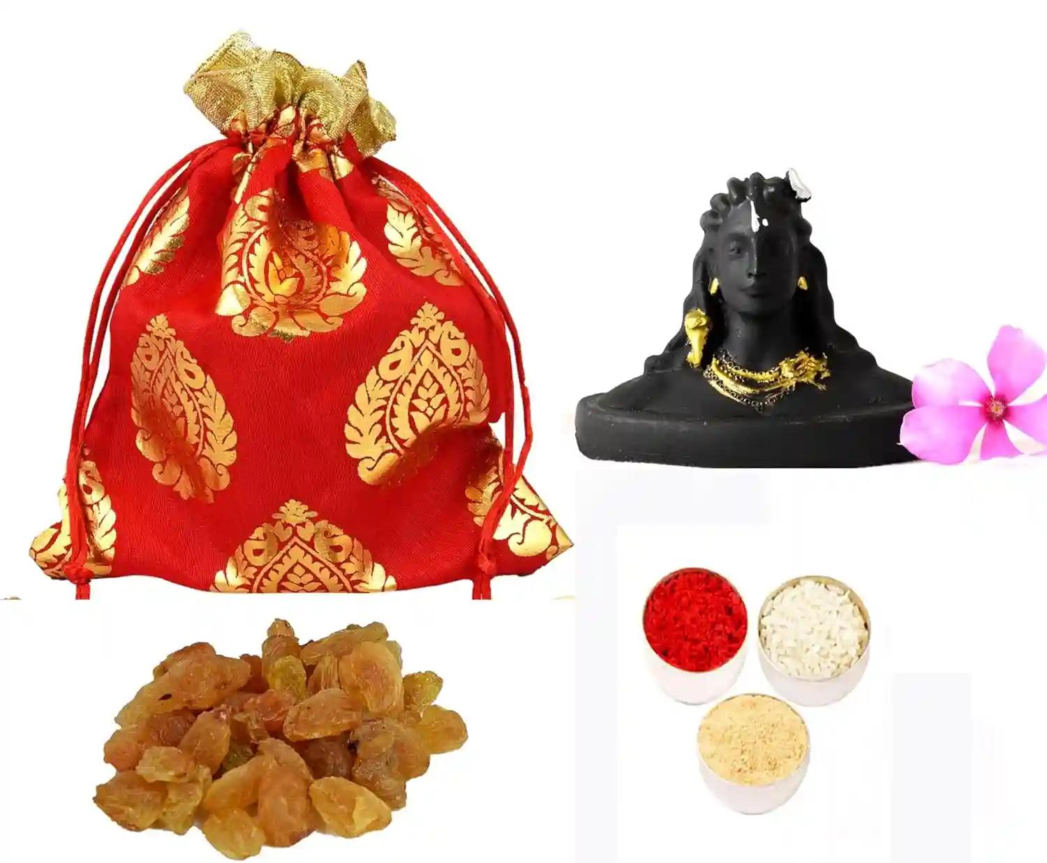 Bhai dooj gifts set for brother/bhai dooj tika set/bhaiya dooj gift/bhaiya dooj gift set for brother-designer potli+raisin/kismis of 50 gms+showpiece figurine+roli chawal chandan