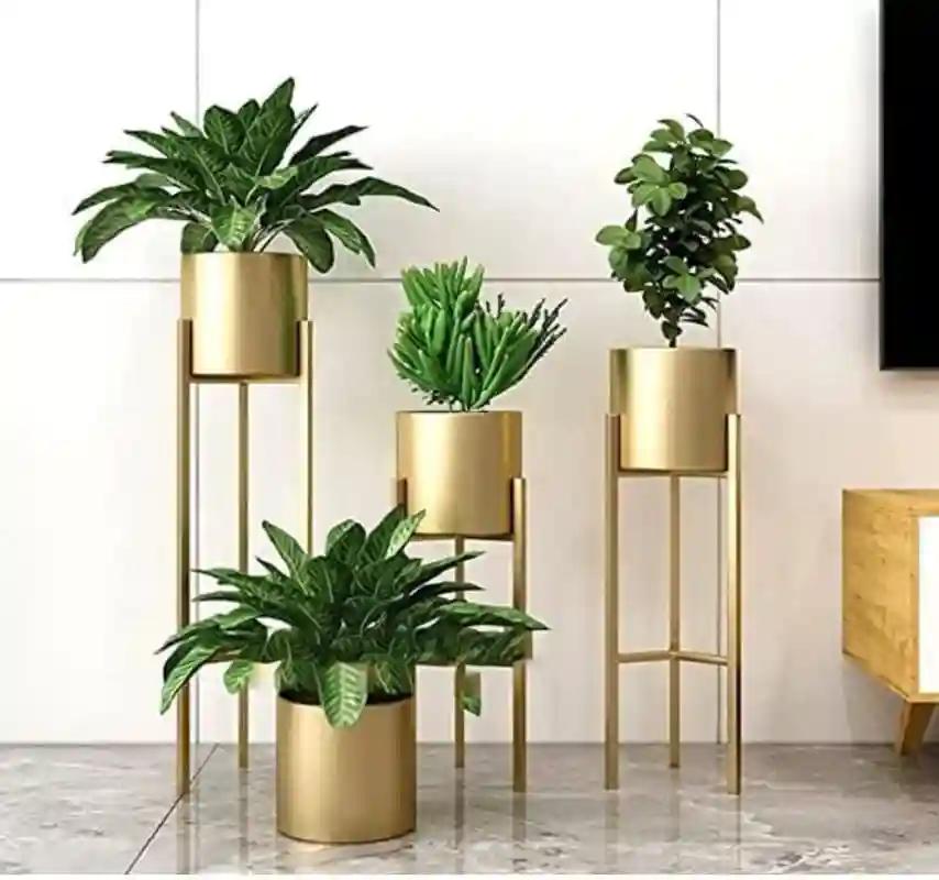 AMASS HANDICRAFTS Modern Metal Floor Flower Stands Planter for Living Room Bedroom Display Plant Stand Tall Indoor Plant Stand with Planter Pot - Set of 3 (Gold)