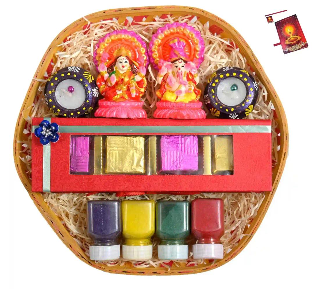 MANTOUSS diwali decoration items for home decor/diwali gift hampers/diwali gifts/diwali chocolate candy-decorated basket+showpiece figurine+handmade chocolate+2 matki diya+rangoli colours+Diwali card