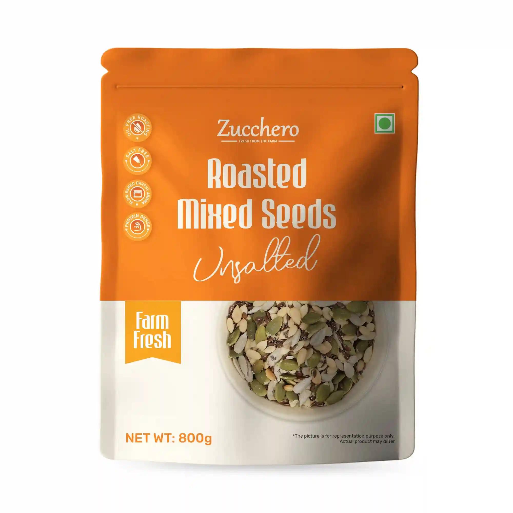 Zucchero Roasted Premium Mixed Seeds, Unsalted, 800G (6 in 1) (Sunflower, Pumpkin, Chia, Flax, Watermelon, Sesame) - Dry Roasting | Oil-Free | Salt Free