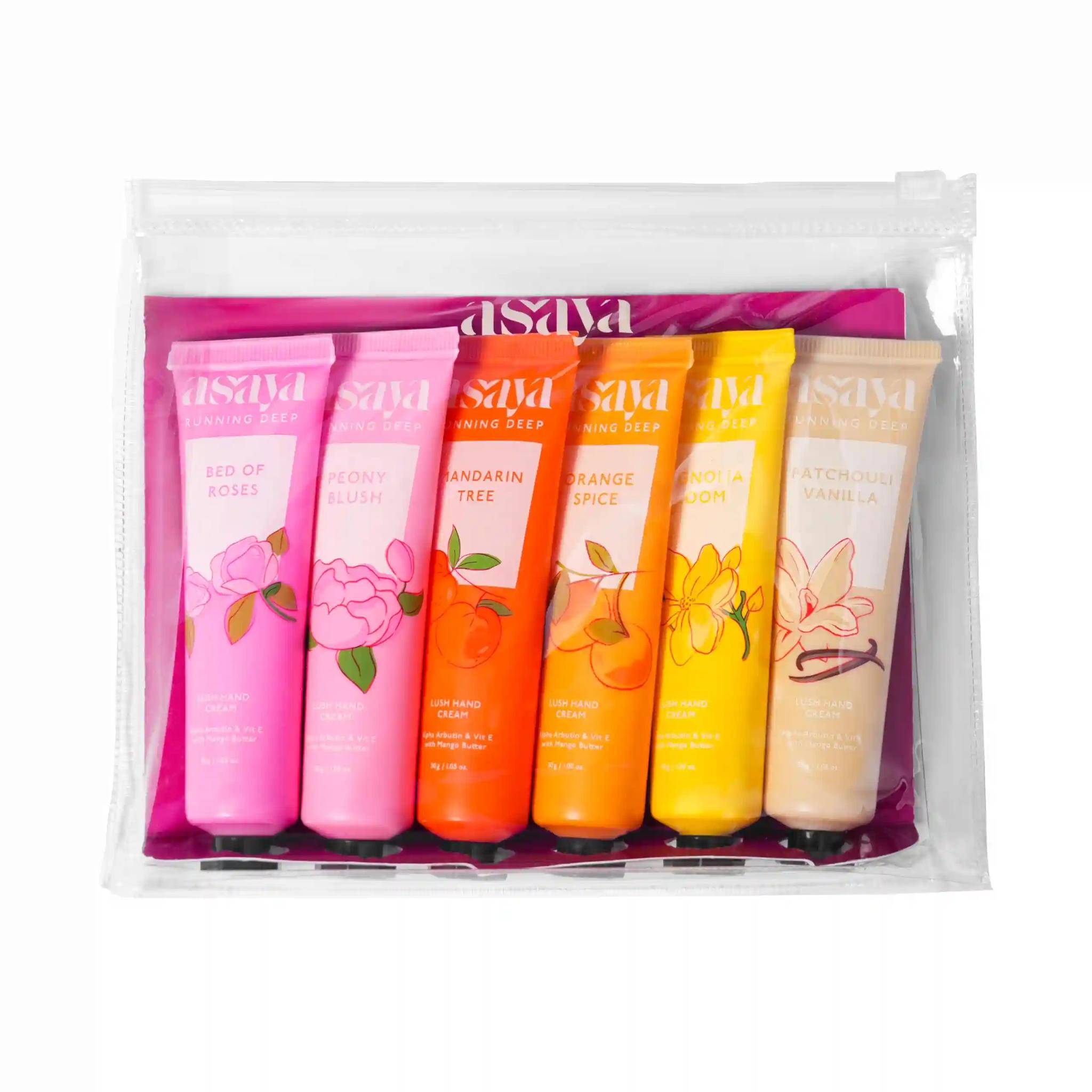 Asaya Pack of 6 Hand Creams Gift set for Women & Men | Softens Dry, Rough Hands | Reduces Pigmentation | Alpha Arbutin, Mango Butter & Vit E | Rose, Vanilla, Orange, Magnolia, Peony, and Mandarin