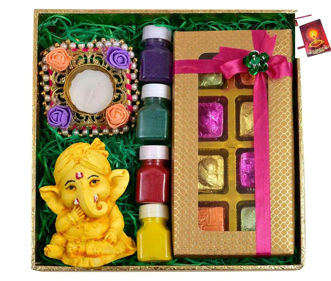 Diwali gift hampers/diwali gift box/diwali gift pack/diwali gifts for friends and family-decorated tray+designer square candle+Showpiece figurine+4 Rangoli Colours+Diwali Greeting Card