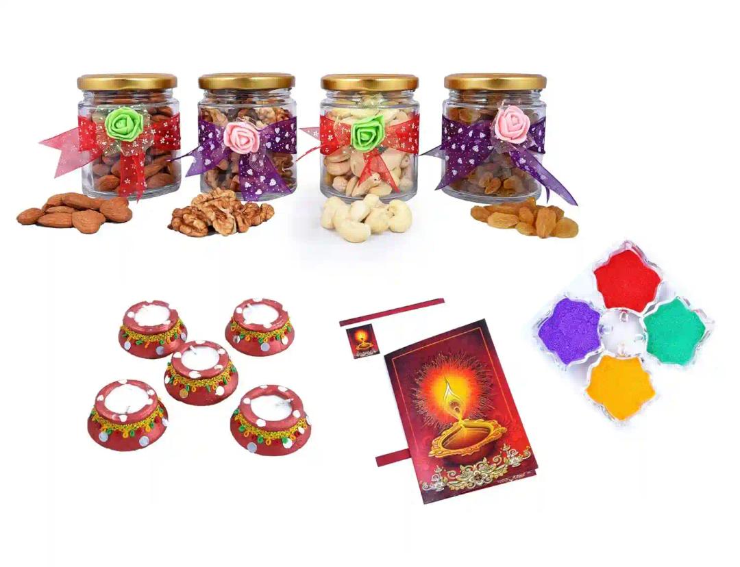 MANTOUSS Exclusive Diwali Dry Fruit Decorative Glass Jar-Cashew,Almond,Walnut and Raisin (100gms Each),400 GMS + 2 Matki Wax Filled Diya, Diwali Greeting Card and Rangoli Colours