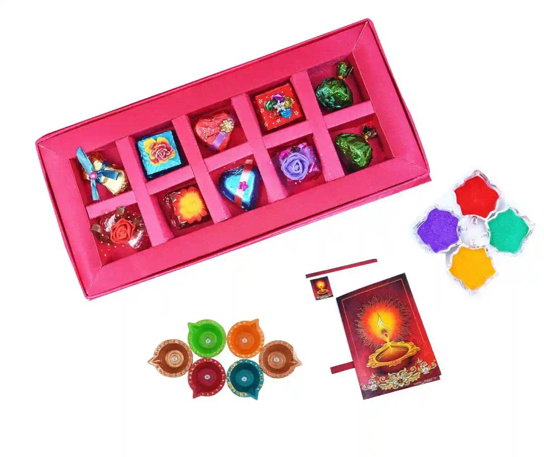 MANTOUSS Diwali Chocolate Gift in Premium Pink Satin Box + 2 earthern Diya, Diwali Greeting Card and Rangoli Colours