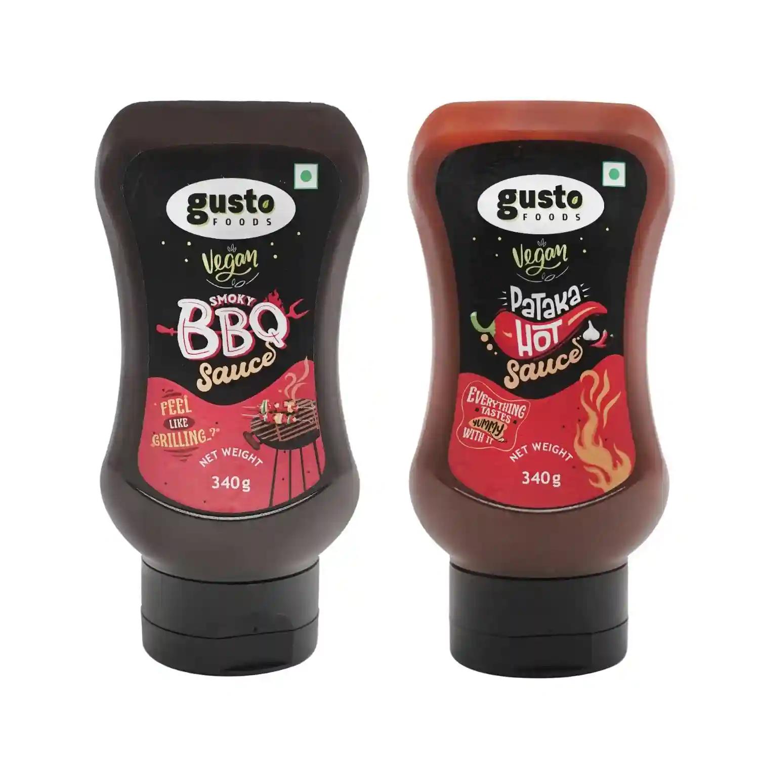 Gusto Foods Spicy Hot Chili Sauce (340g) And Spicy Smokey BBQ Sauce (340g) |Extra Spicy Gluten Free Chilli Garlic Sauce with Grilled American Flavoured Hot Barbeque Sauce