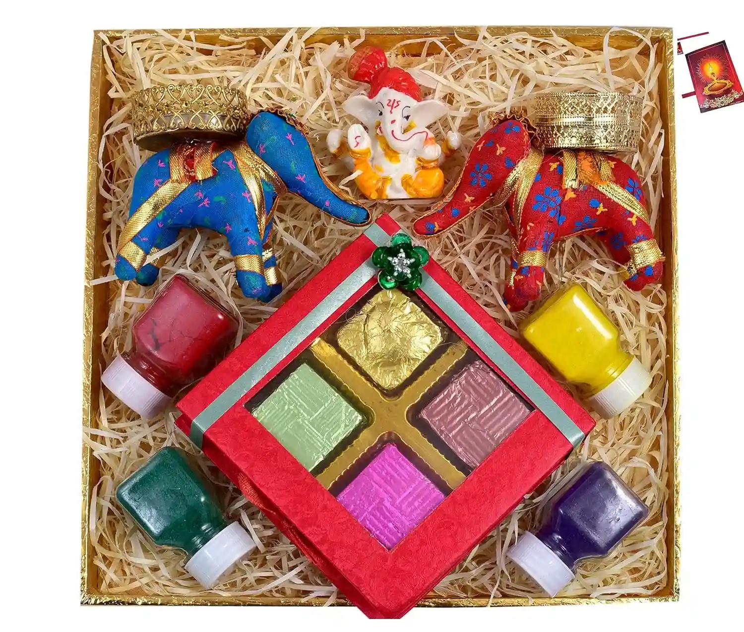 Diwali gift items/diwali gifts for friends and family/diwali gift items for family-Decorated tray+Chocolate box+showpiece figurine+Pair of Elephant Shape Candle Holder+Rangoli Colours+Diwali Greeting Card