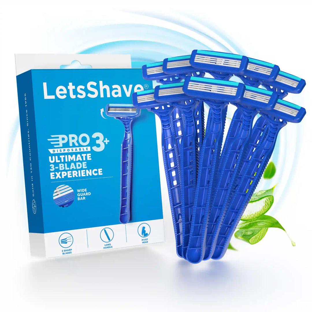 LetsShave Pro 3 Disposable Shaving Razors For Men | Stainless Steel Shaving Blade For Men | Razor Blade With Rubber Grip Handle And Safety Cap |Openflow Hair Remover Made In South Korea | Pack Of 10