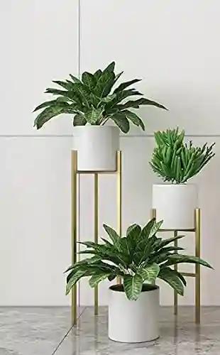 AMASS HANDICRAFTS Modern Metal Floor Flower Stands Planter for Living Room Bedroom Display Plant Stand Tall Indoor Plant Stand with Planter Pot - Set of 2 (White)