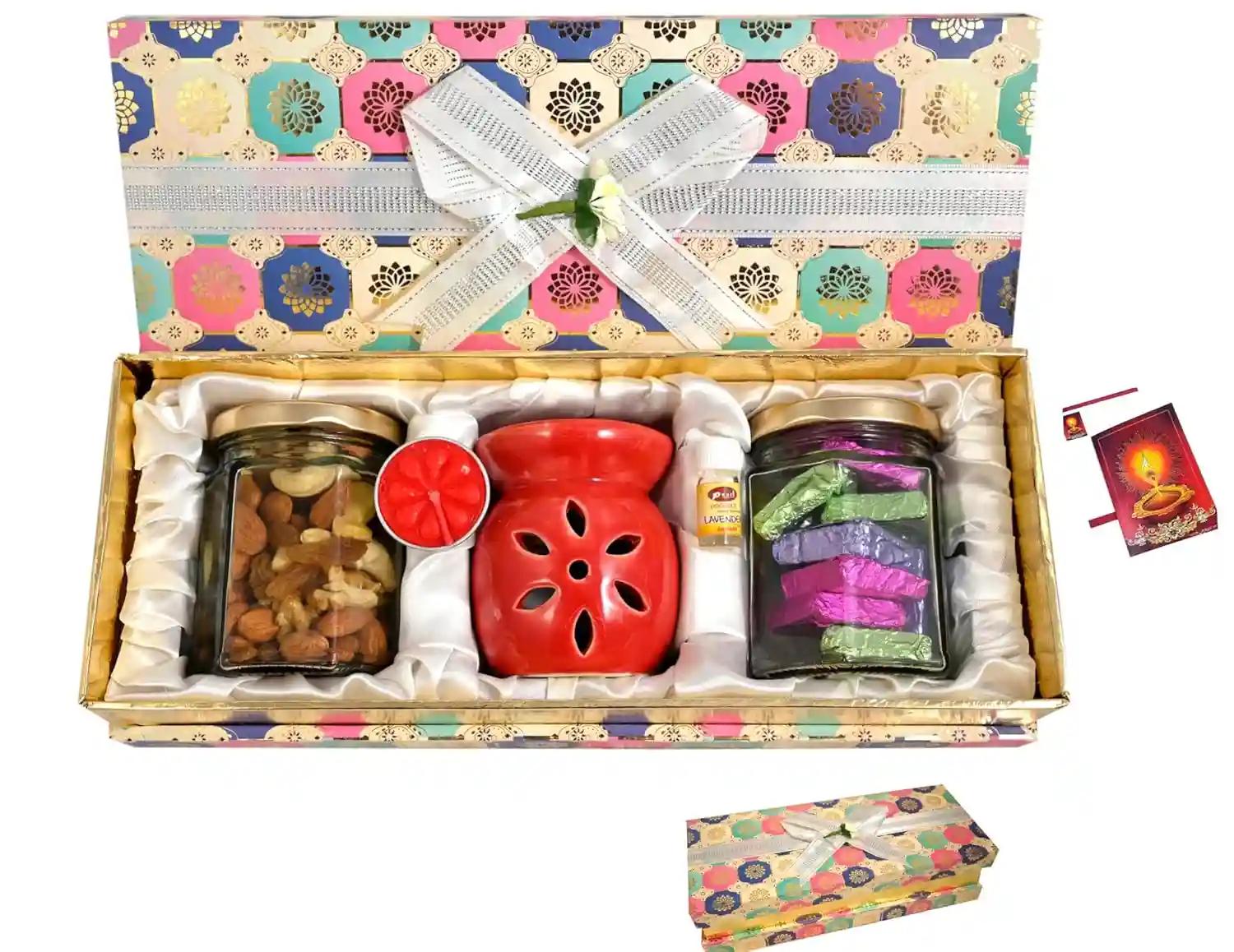 MANTOUSS Diwali Dry Fruits Gift Pack/Diwali Gifts/Diwali Dry Fruit Gift Hamper/Diwali Gift Items/Diwali Gift Hamper-Designer Box+Mix Dry Fruits(100gms)+Oil Difuser+jar of Chocolate+Diwali Card