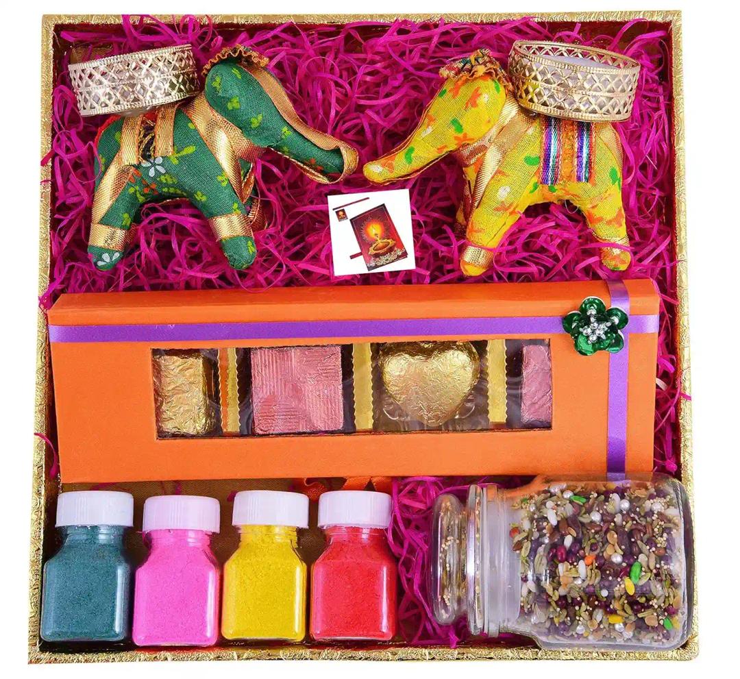 MANTOUSS Diwali Gift hampers/Diwali Chocolate Gift Pack/-Decorated Wooden Tray+Handmade Chocolate Box+Pair of Elephant Shape Candle Holder+4 Rangoli Colours in Jars+Chocolate mukhwas+Greeting Card