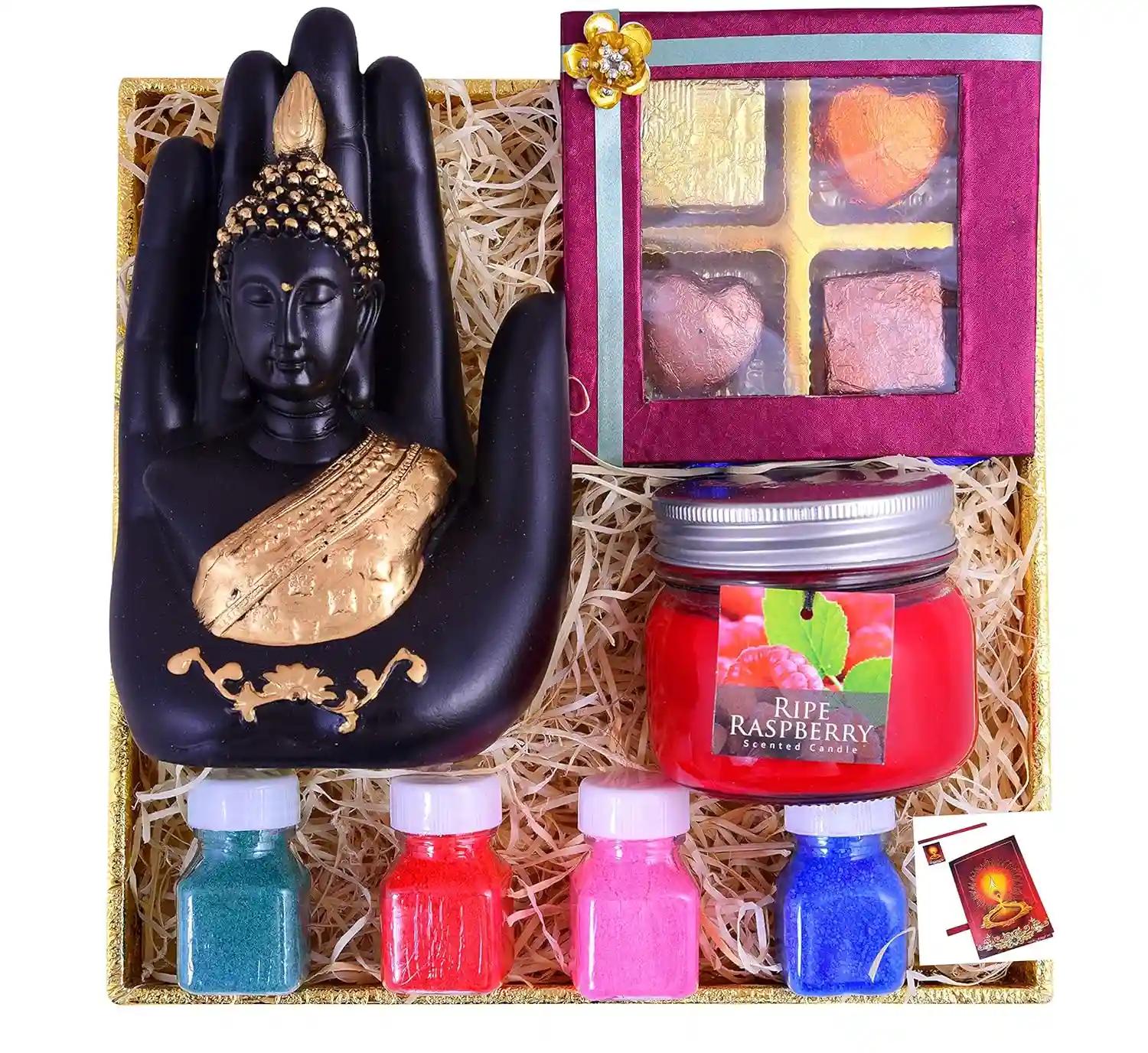 MANTOUSS Diwali Sweets Gift Box/Diwali Chocolate Gift Pack-Decorated Tray+Handmade Chocolate Box+Showpiece figurine+Scented Candle in Big jar+4 Rangoli Colours+Deepawali Greeting Card