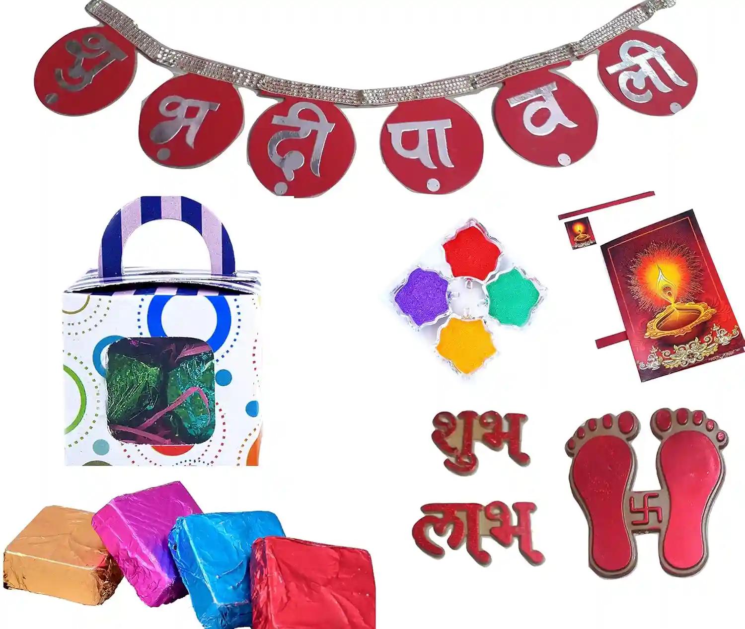 MANTOUSS Diwali gift hamper/Diwali gift for employees/Diwali gift for family and friends/Diwali chocolate pack-Box of handcrafted chocolate+shubh deepawali toran+paduka+shubh labh+rangoli colour+greeting card