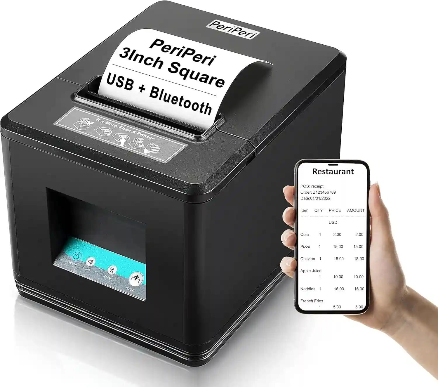 PeriPeri 80mm Inkless Receipt Thermal Printer with Bluetooth, Auto Cutter & Cash Drawer Support, Compatible with iOS Android Windows ESC/POS Bill Print 260mm/s (3inch Square USB+Bluetooth)