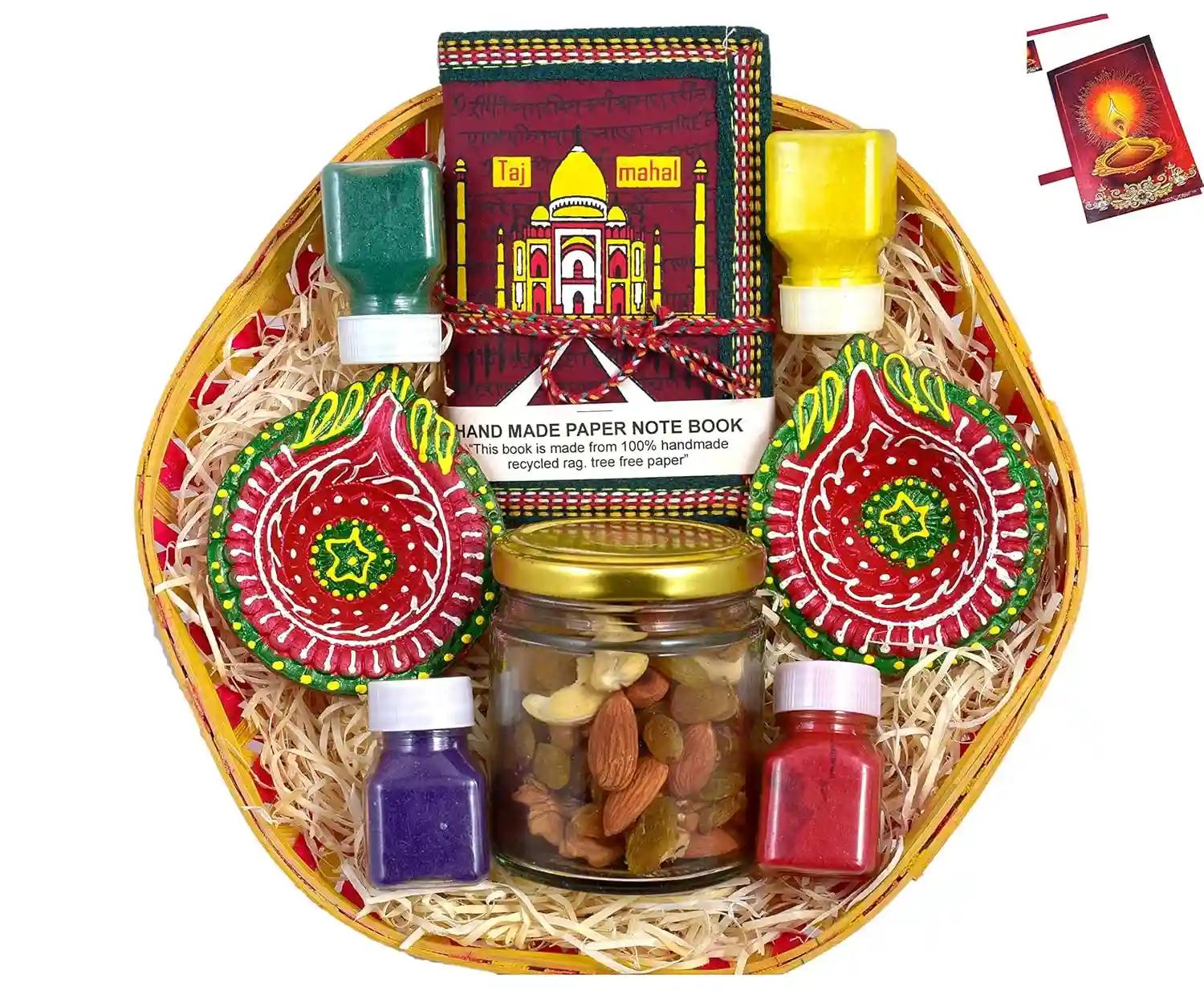 Diwali dry fruits gift box/Diwali Gift hamper/Dry Fruits Diwali gift pack/Dry fruits gift pack-Decorated Basket+1 Jar of mixed dry fruits+Handmade diary+2 beautiful diya+4 Rangoli Colour+Diwali Card