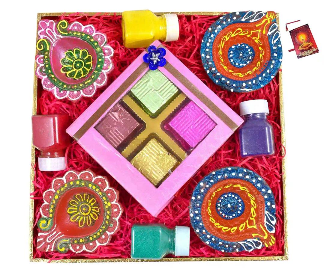 Diwali gifts for friends and family/diwali gift hamper/diwali chocolate gift/diwali chocolate gift box/diwali gifts-decorated tray+Chocolate box+4 earthern diya+4 Rangoli Colours+Diwali Greeting Card