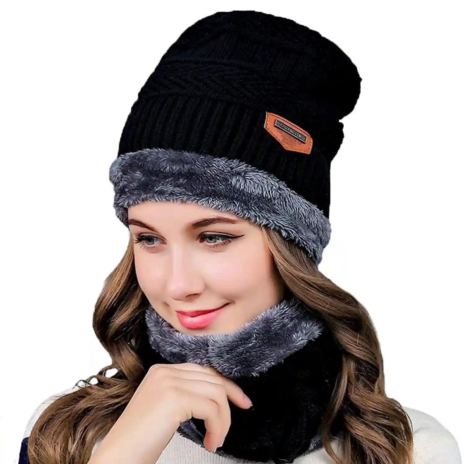 YOUTH ROBE Winter Cap for Women Woolen Cap with Mufflers for Women & Ladies Knitted Woolen Muffler for Women & Girls Muffler Woolen Cap, Stylish Woolen Caps for Women Winter Wear Black