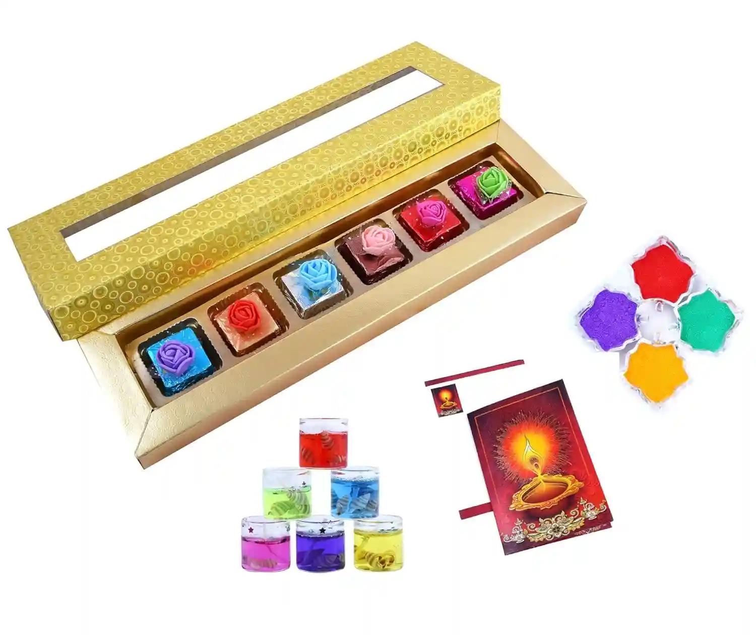 MANTOUSS Deepawali Luxury Chocolate Hamper (Golden) + 2 Gel Filled Glass Candle, Diwali Greeting Card and Rangoli Colours