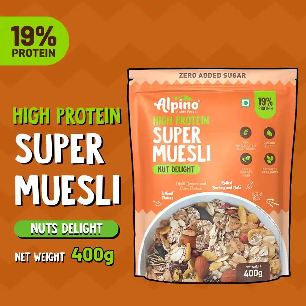 Alpino Health Foods Super Muesli Nut Delight - 69% Whole Grain, 20% Dried Fruits & Nuts - Finest Nuts & Raisins, No Sugar Infused Fruits - High in Protein, Source of Fiber - Breakfast Cereal (400 G)