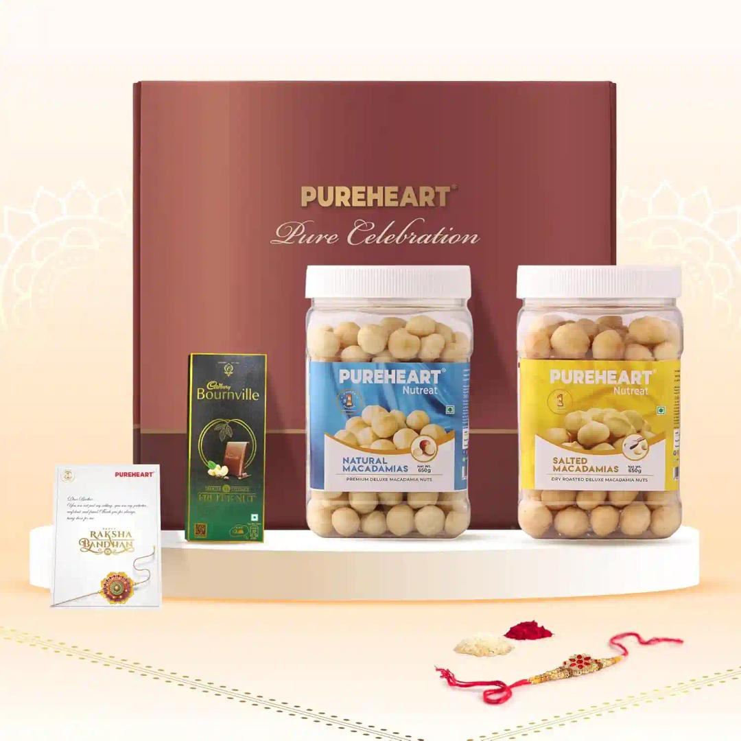 PUREHEART Rakhi Gift Hamper - Natural Macadamia, Salted Roasted Macadamia (650 g, each), Cadbury Bournville Fruit & Nut Dark Chocolate with Rakhi for Brother, Gift Card, Pooja Rice, Kumkum